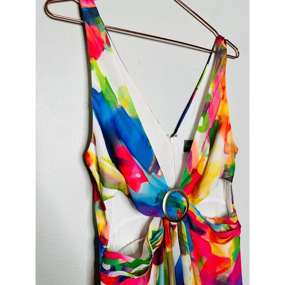 LIV FOSTER Tie Dye Multicolor Floral Abstract Side Cutout A-Line Gown Size 10 - Picture 13 of 16